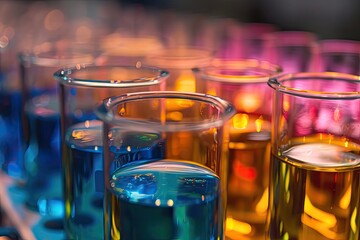 Poster - a group of test tubes filled with liquid, Highlight the aesthetics of chemical synthesis