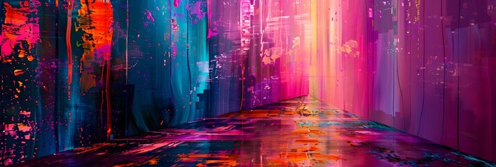Poster - Vibrant Futuristic Digital Landscape with Flowing Neon Lights and Ethereal Atmosphere