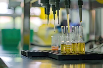 Poster - a row of test tubes filled with liquid, Highlight the precision of a lab pH meter in 3D