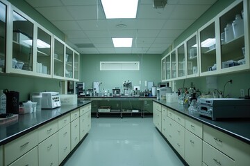 Poster - a long laboratory with a lot of counter space, Highlight the symmetry of a biological laboratory setting