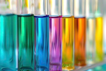 Poster - a row of test tubes filled with colored liquids, Highlight the vibrant hues of indicator solutions