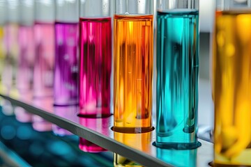Poster - a row of test tubes filled with colored liquids, Highlight the vibrant hues of indicator solutions