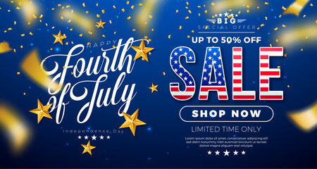 Wall Mural - 4th of July Independence Day Sale Banner Design with American Flag in Text Label and Falling Confetti on Blue Background. Fourth of July USA National Holiday Vector Illustration with Special Offer