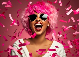 A woman with pink hair and sunglasses is surrounded by pink confetti