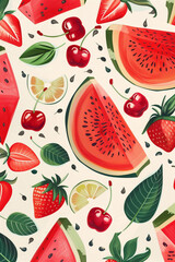 Wall Mural - summer fruit pattern seamless fruit slices watermelon, strawberry, and cherry tile