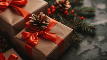 Wall Mural - Gift boxes in craft paper with red satin ribbon Festive decorations for Christmas and New Year