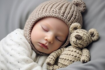 Wall Mural - A young girl is sleeping with a teddy bear