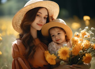 Wall Mural - A woman and her daughter are holding flowers in a field