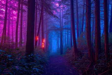 Wall Mural - a purple and blue light in a forest, psychedelic neon forest trails
