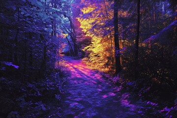 Wall Mural - a purple and blue light in a forest, psychedelic neon forest trails