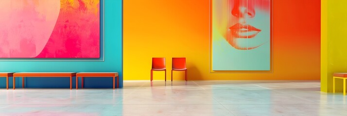 Aufkleber - Vibrant Minimalist Interior with Colorful Geometric Furniture and Wall Decor