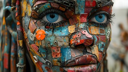 Poster - Vibrant Mosaic Face with Surreal Expression in Digital Mixed Media Style