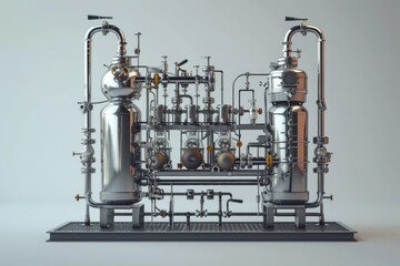 Fototapete - a metal apparatus with a lot of water in it, Render a 3D model of a chemical distillation setup