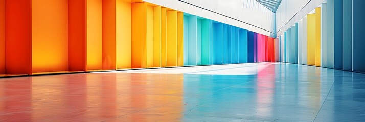 Poster - Vibrant Multicolored Architectural Corridor with Geometric Patterns and Symmetrical Reflection