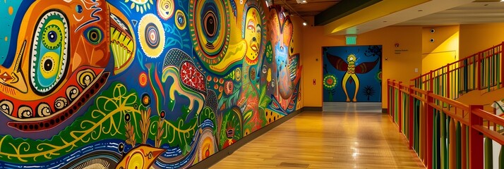 Aufkleber - Vibrant Mural Showcasing Whimsical Expression in a Dynamic Interior Space