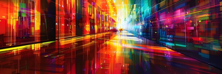 Leinwandbilder - Vibrant Neon Lit Urban Cityscape with Blurred Motion and Luminous Architecture
