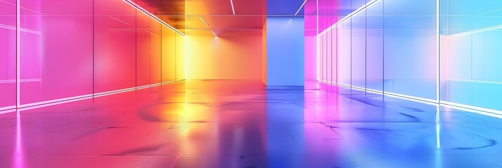 Poster - Vibrant Neon Lit Geometric Hallway Reflecting Vivid Gradients and Futuristic Lighting