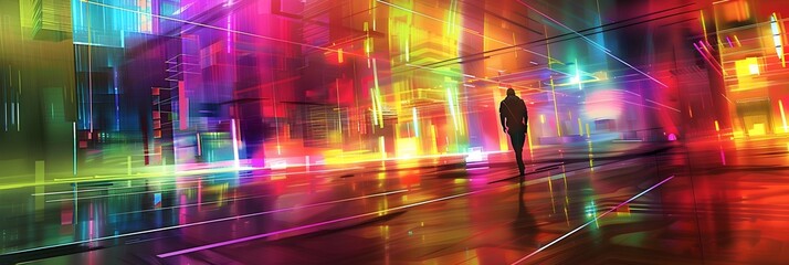 Poster - Vibrant Neon Lit Urban Landscape with Solitary Figure Amid Blurred Motion and Reflections