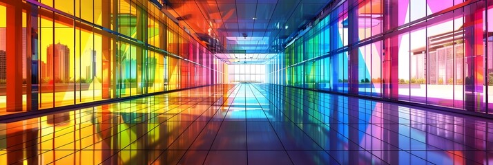 Poster - Vibrant Neon Lit Architectural Corridor with Symmetrical Glass Panels and Vanishing Perspective