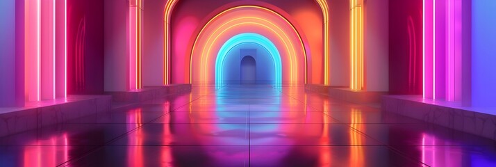 Poster - Vibrant Neon Tunnel An Infinite Geometric Corridor of Captivating Digital Art and Futuristic Lighting Design