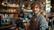 © Cristina - Startup successful small business entrepreneur owner barista man standing at counter bar coffee shop or restaurant. Portrait of young caucasian man successful barista cafe local owner concept