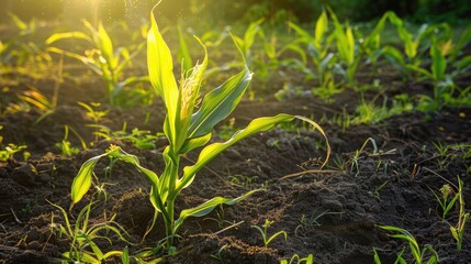 Wall Mural - Sunlight on a corn plant in green grass