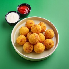 Wall Mural - Indian traditional fried dish cheese ball pakora or pakoda on green background 