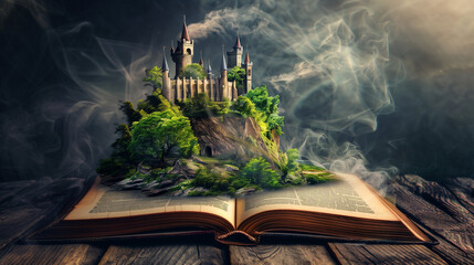 A fantastic world where a castle emerges from an open book. It's as if the pages of the story became reality, revealing a majestic structure to us.