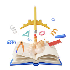 Poster - Pencil plane mockup learning education Open book rocket spewing smoke mathematic math future innovation, minimal cartoon element. 3d render illustration