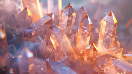 Wall Mural - Quartz crystals, glowing with soft light and surrounded by other crystal points, symbolizing the energy flow through them, set against an abstract background of light pastel colors.