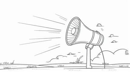 Continuous line illustration of a megaphone announcing in a rural landscape