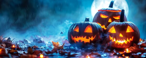 Haunted Halloween night with pumpkins and a full moon