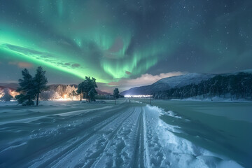 winter landscape with polar lights