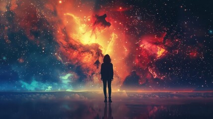 Wall Mural - silhouette of person standing in vast cosmic space concept illustration