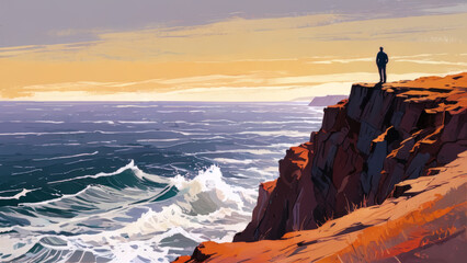 illustration of a man alone on a cliff looking at the sea at sunset. shades of brown, yellow and blu