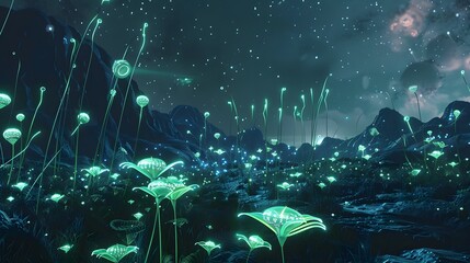 Poster - An alien landscape with strange phenomena blending digital holograms and green bioluminescent plants
