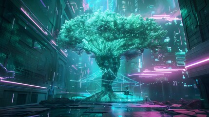 Poster - A green energy reactor shaped like a giant digital tree, glowing with strange, neon lights