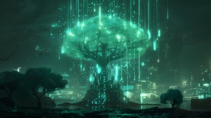 Poster - A green energy reactor shaped like a giant digital tree, glowing with strange, neon lights
