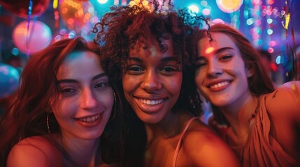 A group of cheerful young friends posing together for a lively selfie photo with colorful party and a festive blurred background setting the mood for a celebratory gathering