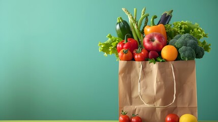 a paper bag full of fresh fruits and vegetables against a green background with space for copy, in t