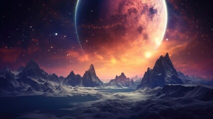 Sticker - fantasy picture of high mountain landscape with stars and space nebula. aig35.