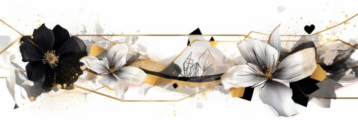 Abstract luxury floral watercolor banner with gold geometric elements. AIG35.