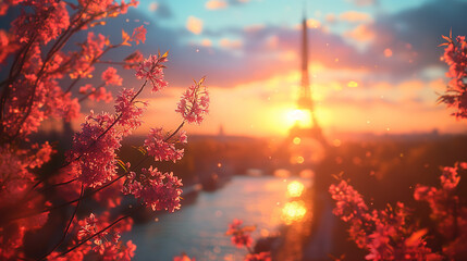 Wall Mural - Design a landscape picture of the Eiffel Tower in spring and summer with gentle sunshine,