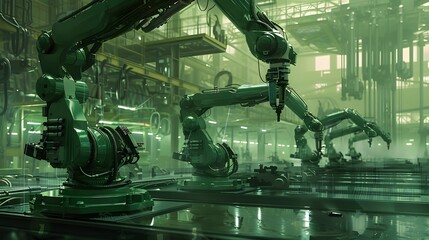 Poster - A green manufacturing plant where robots assemble products in strange, synchronized movements