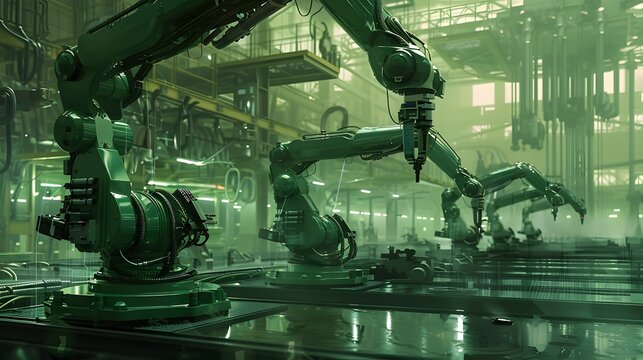 A green manufacturing plant where robots assemble products in strange, synchronized movements