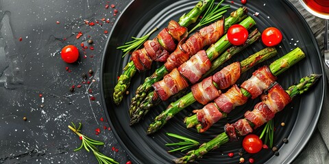 Wall Mural - Asparagus with meat, bacon, grilled asparagus, option for tasty and healthy food, barbecue, background, wallpaper.