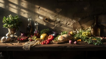 Wall Mural - A portrait of wooden table with a variety of fresh colorful vegetables. AIG42.