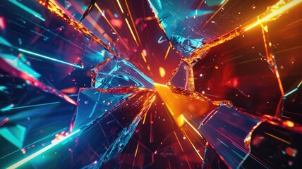 Poster - explosion of colorful particles with glowing shards and light streaks. aig53f.