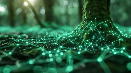 Poster - A green blockchain network visualized as a forest, with strange, glowing roots connecting the trees 