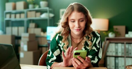Poster - Business, woman and phone with online order for logistics in store with shipping information or package check. Professional, employee and smartphone for ecommerce, retail supply chain or distribution